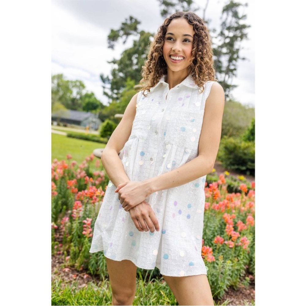 Queen of Sparkles White Checkered Sequin Shirt Dress Rhinestone Button L - Picture 3 of 14